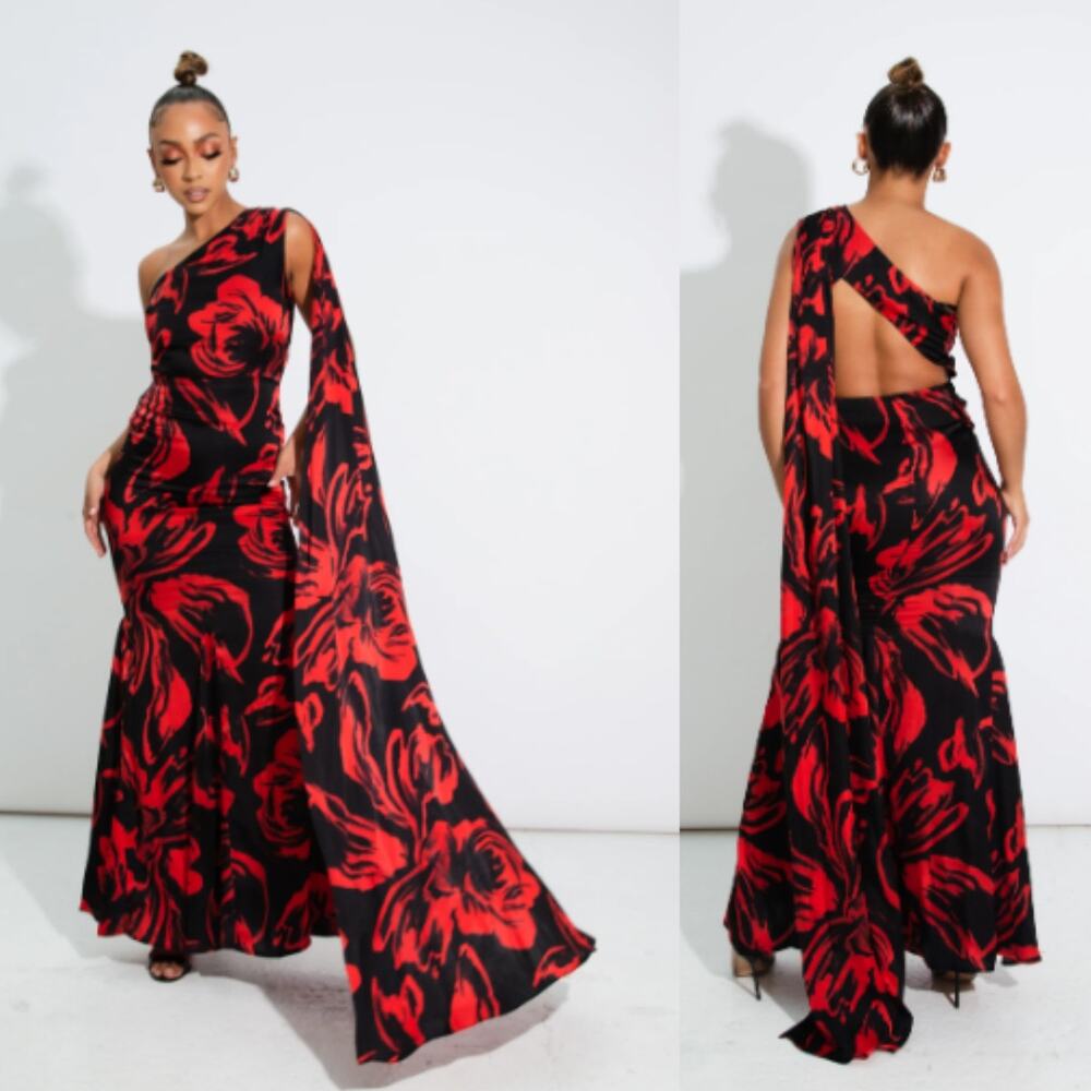 YAURA | NWT Adanna Gown in Ata Rodo Floral Chilli Pepper Maxi Dress UK 10 M